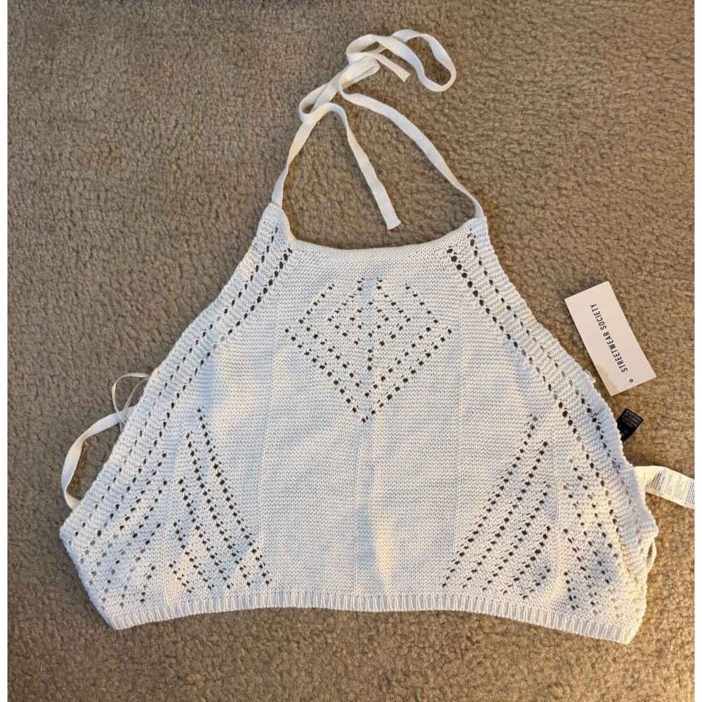 NWT Streetwear Society Women's Small Cream Crochet Halter Crop Top 100% Cotton